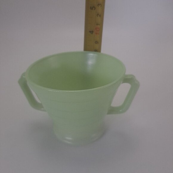 Hazel Atlas Moderntone Platonite Green Sugar Bowl Glass Double Handles - Picture 10 of 10